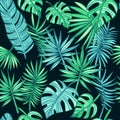 Tropical leafs pattern. hand drawn palm leaves on dark background.