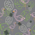 Tropical leafs and fruit with flamingo birds seamless pattern