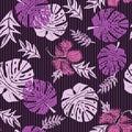 Tropical leafs on striped background in fuchsia and pink colors