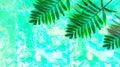Tropical leaves on abstract background with mixed acrylic paints. Design Trend: Psych Out. Free form flow. Creative copy
