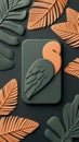 Tropical leaves around bird shape on green rectangle. Artistic relief. Flat design background. Modern decorative leaf pattern Royalty Free Stock Photo