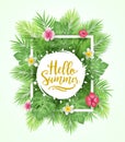 Tropical Leaves Background Hello Summer Lettering Vector Illustration Royalty Free Stock Photo