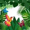 Tropical leaves with birds, butterflies. Floral background