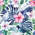 Tropical Leaves, birds watercolor Illustration. Jungle seamless pattern, floral background. Exotic tropics design.