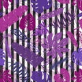 Tropical leaves,branches seamless pattern.Lilac,strips