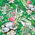 Tropical leaves with coconut halves, pink flamingos and cocktail tubes. Bright, exotic, seamless pattern. Watercolor Royalty Free Stock Photo