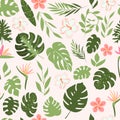 Tropical leaves collection.Vector seamless pattern on the pink background.