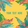 Tropical leaves in the corners. Place for your text. Vector illustration on orange background