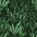 Tropical leaves, dense jungle. Seamless, hand painted, pattern. Vector background.
