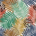 Tropical leaves and doodles seamless pattern. Abstract palm leaf silhouette, minimal shapes background