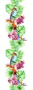 Tropical leaves, exotic bird, orchid flowers. Seamless border. Watercolor stripe Royalty Free Stock Photo