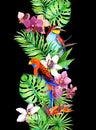 Tropical leaves, exotic bird, orchid flowers. Seamless border. Watercolor stripe Royalty Free Stock Photo