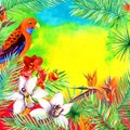 Tropical leaves, exotic birds, orchid flower. Watercolor card for summer party.