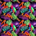 Tropical leaves and exotic flowers in neon light. Seamless unique pattern. Water color