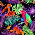 Tropical leaves, exotic flowers, parrot birds in neon. Repeating jungle pattern. Watercolour