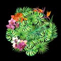 Tropical leaves, exotic flowers. Round pattern. Watercolor