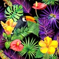 Tropical leaves, exotic flowers, toucan bird, gecko. Seamless wallpaper. Watercolor Royalty Free Stock Photo