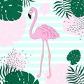 Tropical Leaves And Flamingo Summer Banner, Graphic Background, Exotic Floral Invitation, Flyer Or Card.