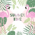 Tropical Leaves And Flamingo Summer Banner, Graphic Background, Exotic Floral Invitation, Flyer Or Card. Modern Front Page In Vect