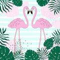 Tropical Leaves And Flamingo Summer Banner, Graphic Background, Exotic Floral Invitation, Flyer Or Card. Modern Front Page In Vect