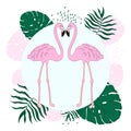 Tropical leaves and Flamingo Summer Banner, Graphic Background, Exotic Floral Invitation, Flyer or Card. Royalty Free Stock Photo