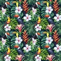 Tropical leaves, flower and toucan, jungle seamless pattern, watercolor illustration, flora background, trendy colors