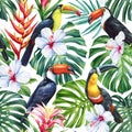 Tropical leaves, flower and toucan, jungle seamless pattern, watercolor illustration, flora background, trendy colors