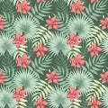 Tropical leaves and flowers. Delicate seamless pattern.