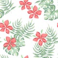 Tropical leaves and flowers. Delicate seamless pattern.