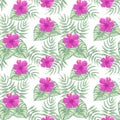 Tropical leaves and flowers. Delicate seamless pattern.