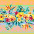 Tropical leaves and flowers on ornamental background. Floral design background. Royalty Free Stock Photo