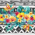 Tropical leaves and flowers on ornamental background. Floral design background. Royalty Free Stock Photo