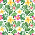 Tropical leaves and flowers pattern. Seamless watercolor floral pattern with monstera leaf, tropic palm, plumeria pink and yellow Royalty Free Stock Photo