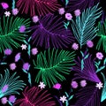 Tropical leaves and flowers seamless pattern in neon colors, vector Royalty Free Stock Photo