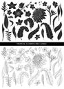 Tropical leaves and flowers silhouette and line big set. Isolated on white background Royalty Free Stock Photo