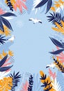 Tropical leaves frame with marine seagulls. Hand drawn vector summer card. Vector illustration. Royalty Free Stock Photo