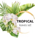 Tropical leaves greeting card with flowers and place for text Royalty Free Stock Photo