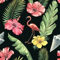 Tropical leaves, hibiscus flowers, seashell and pink flamingo. Watercolor illustration. Seamless pattern on a black Royalty Free Stock Photo