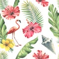 Tropical leaves, hibiscus flowers, seashell and pink flamingo. Watercolor illustration. Seamless pattern on a white Royalty Free Stock Photo