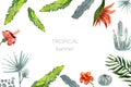 Tropical leaves horizontal banner with tropical flowers hibiscus and palm leaves