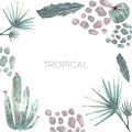 Tropical leaves horizontal banner with tropical palm leaves, cactus, splash