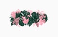 Tropical leaves horizontal composition. Exotic elements banner. Vector illustration