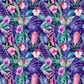 Tropical Leaves, hummingbird. Birds watercolor Illustration. Jungle seamless pattern, floral background. Exotic design. Royalty Free Stock Photo