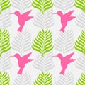 Tropical leaves and hummingbird seamless pattern