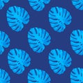 Tropical leaves, jungle monstera leaf seamless floral blue pattern background. Vector illustration, eps 10 Royalty Free Stock Photo