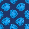 Tropical leaves, jungle monstera leaf seamless floral blue pattern background. Vector illustration, eps 10 Royalty Free Stock Photo