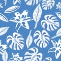 Cute Polar bear with snow flakes patternTropical leaves and lily flower blue background seamless summer pattern Royalty Free Stock Photo