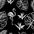Tropical leaves of monstera, fern, strelitzia flower and flamingo seamless pattern on a black background
