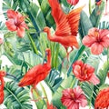 Tropical leaves palm, hibiscus flowers and ibis birds on an isolated background. Watercolor seamless pattern Royalty Free Stock Photo