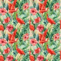 Tropical leaves palm, hibiscus flowers and ibis birds on an isolated background. Watercolor seamless pattern Royalty Free Stock Photo